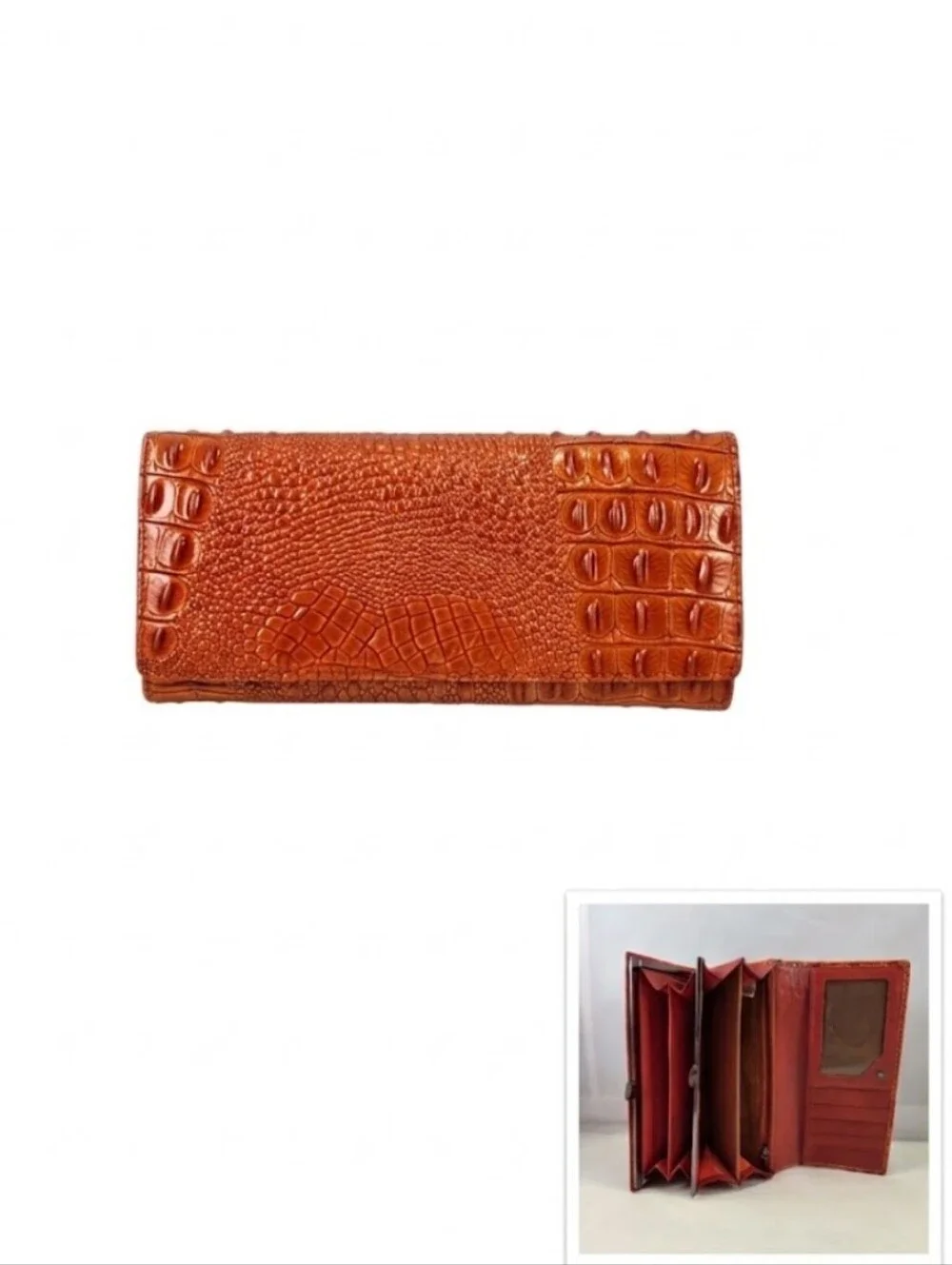Vera Pelle Burnt Orange Croc Embossed Leather Kiss Lock Wallet